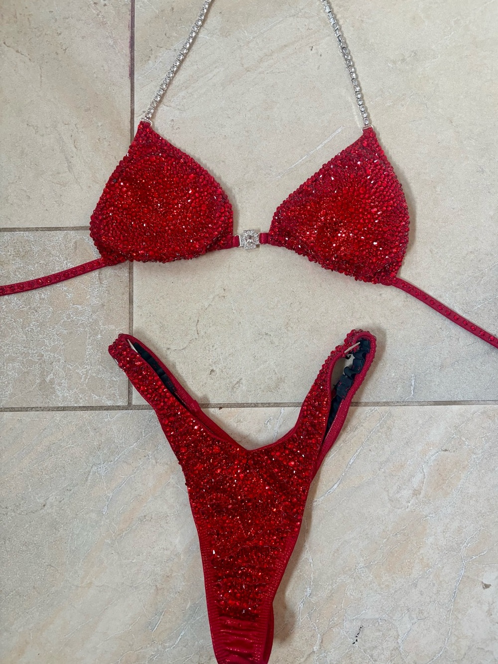 NPC/IFBB Red Crystal Embellished Women's figure/physique stage suit